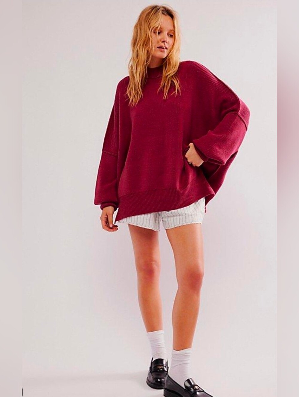 Free People Red Crew Neck Sweater Oversized Knit Pullover Easy Street Tunic XS